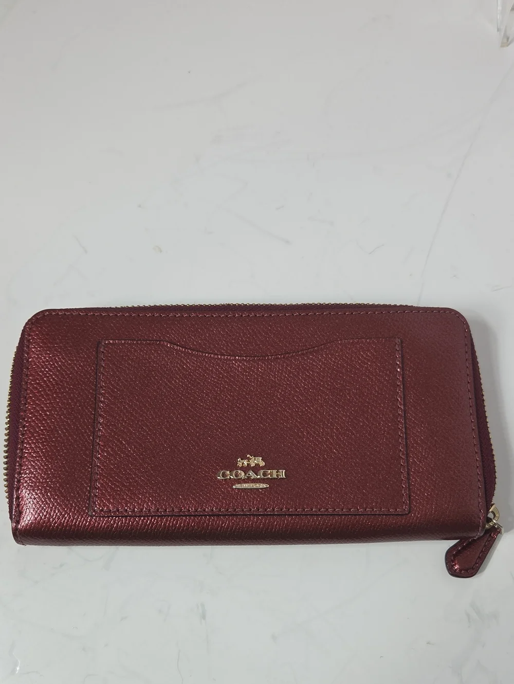 coach f54007 accordian zip around wallet metallic cherry wine front card pocket